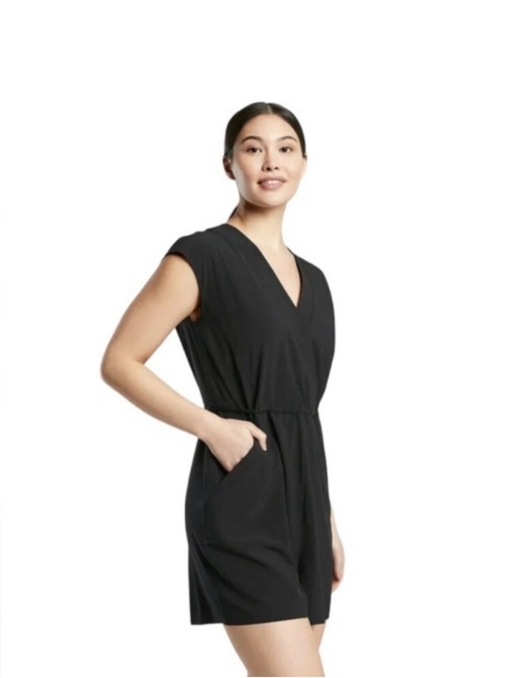 Athleta Marlow Black V-Neck Cap Sleeve Romper